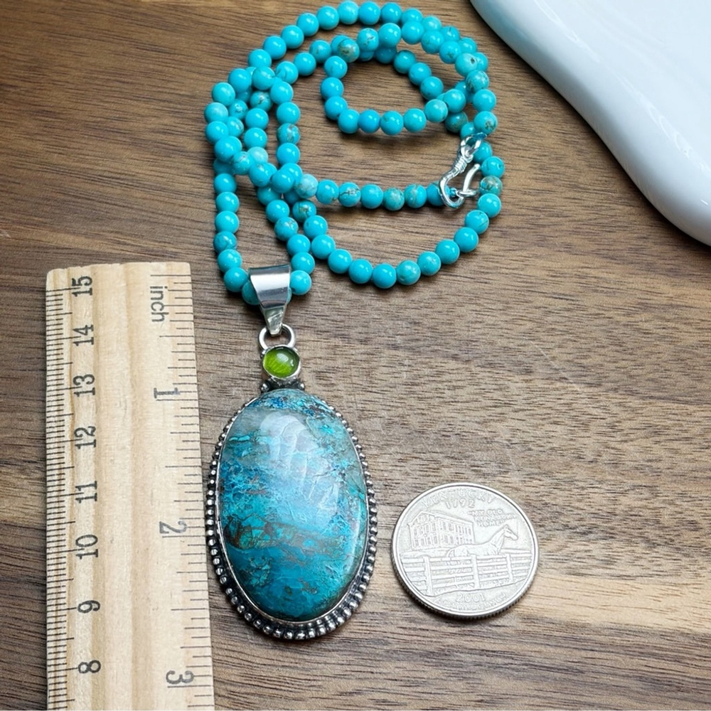 Peridot and Chrysocolla Long Pendant Jewelry Set Lot Turquoise Necklace 925 - Picture 8 of 9